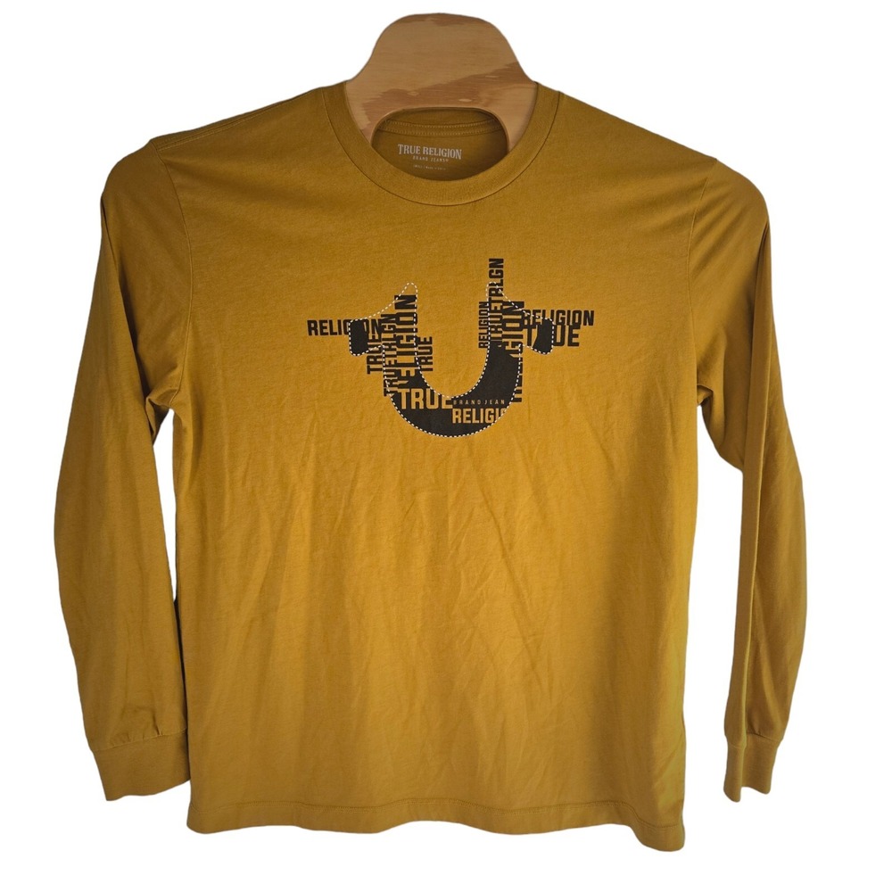 True Religion Mens Small‎ Mustard Yellow Graphic Logo Long Sleeve T-Shirt